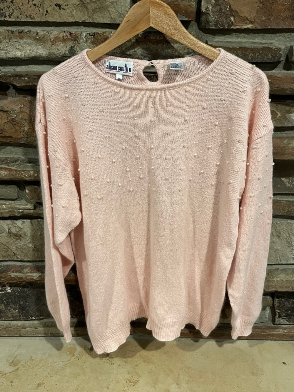 Vintage Allison Smith Pearl Beaded Sweater in Blush Pink Silk Angora Blend
